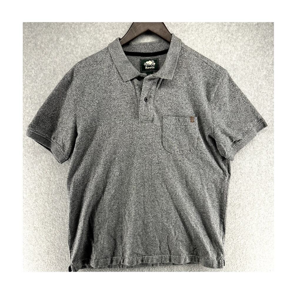 Roots Canada Mens Polo Shirt Size Large Gray Short Sleeve Pocket 100% Cotton